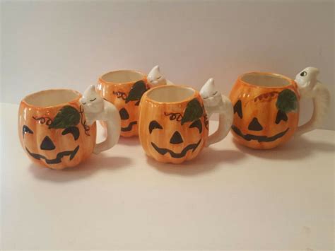 4 Vintage Halloween Ceramic Jack O Lantern Pumpkin Sleepy Ghost Coffee