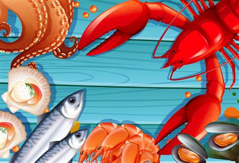 Set Of Seafood On Wooden Background Vector Art At Vecteezy