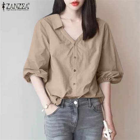 Zanzea Korean Style Women S Blouse Commute New Fashion Lantern Sleeve V