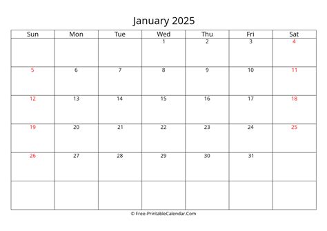 Free printable calendar january 2025, weeks start on sunday