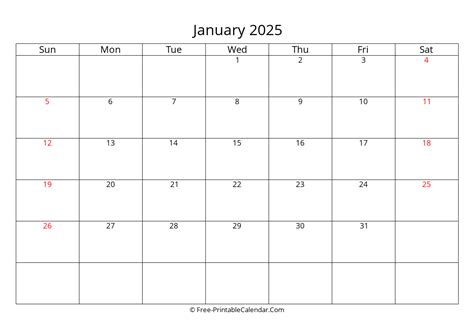 Free Printable Calendar January 2025, weeks start on Sunday