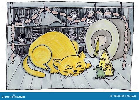 Funny Cartoon Drawing of a Cat Meeting with a Mouse Stock Illustration ...