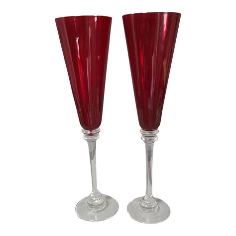 Vintage Pair Of Valentine Red Ribbed Toasting Champagne Flutes Glasses Chairish