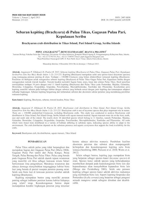 Pdf Sebaran Kepiting Brachyura Di Pulau Tikus Gugusan Pulau Pari