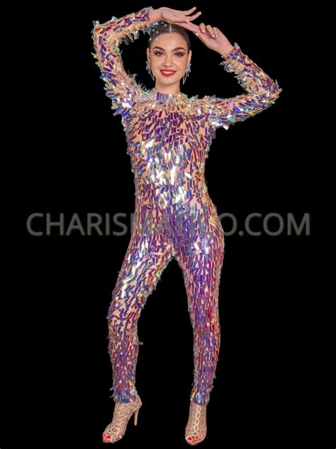 Iridescent Futuristic Disco Rectangular Sequin Catsuit