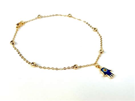 Hamsa Hand Anklet Evil Eye Charm Gold Plated Anklet Evil Eye Etsy