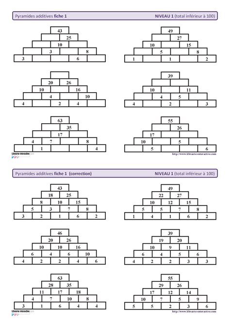 10 Fiches Autocorrectives Avec Des Pyramides Additives De Niveau 1