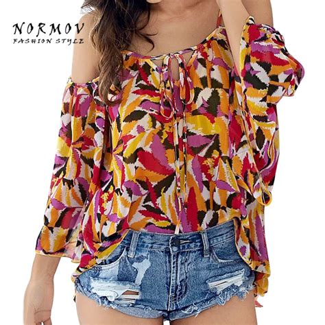 Normov S Xl Boho Style Summer Chiffon Blouse Bohemian Feather Prints