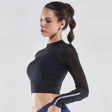 Sexy Exposed Navel Women Yoga Shirts Long Sleeve Sports Mesh Running