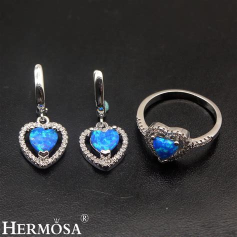 Lovely Heart Blue Fire Australian Opal 925 Sterling Silver Earrings Ring Sets Size 678 Pretty