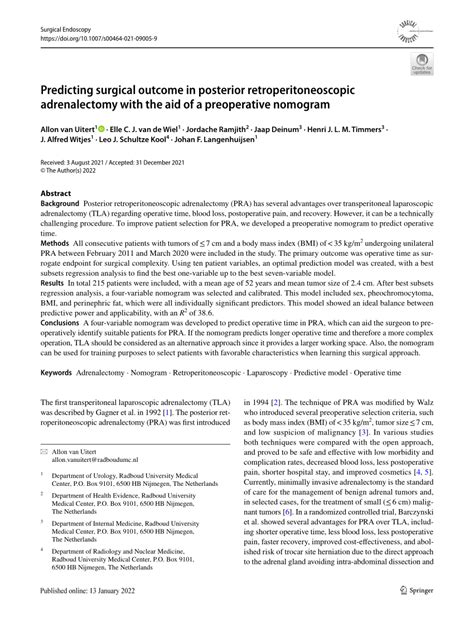 Pdf Predicting Surgical Outcome In Posterior Retroperitoneoscopic