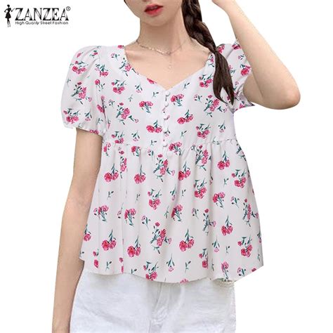 Zanzea Women Korean Puff Sleeves Short Sleeves Floral Print Doll