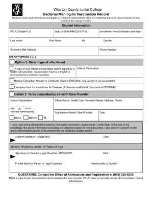 Wcjc Bacterial Meningitis Vaccination Record Form Wharton Fill