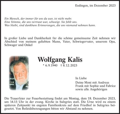 Traueranzeigen Von Wolfgang Kalis Zeit Des Gedenkens De