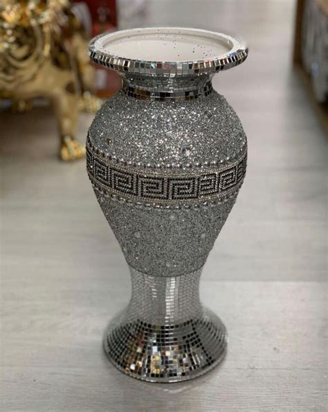 Cm Sparkle Diamond Crushed Crystal Sparkly Silver Mirrored Floor Vase