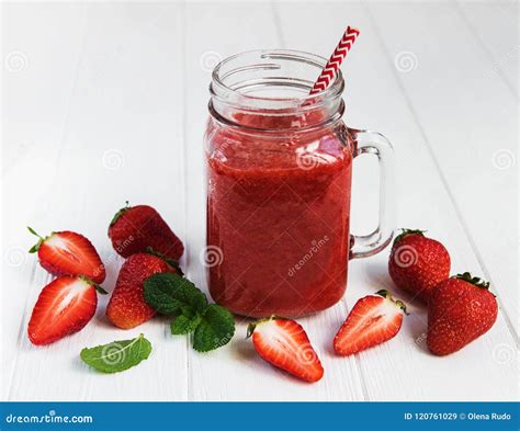 Jar With Strawberry Smoothie Stock Image Image Of Natural Blended