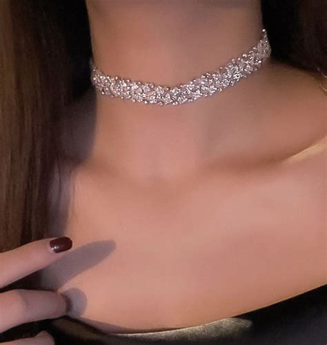 Silver Necklace Prom Diamond Choker Necklace Sparkle Necklace Prom Jewelry Rhinestone