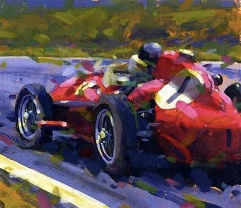 A Painting Of A Red Race Car Driving Down The Road