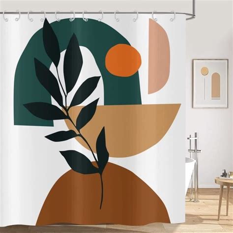 Rideau De Douche Boho X Mid Century Abstrait Terracotta Plante