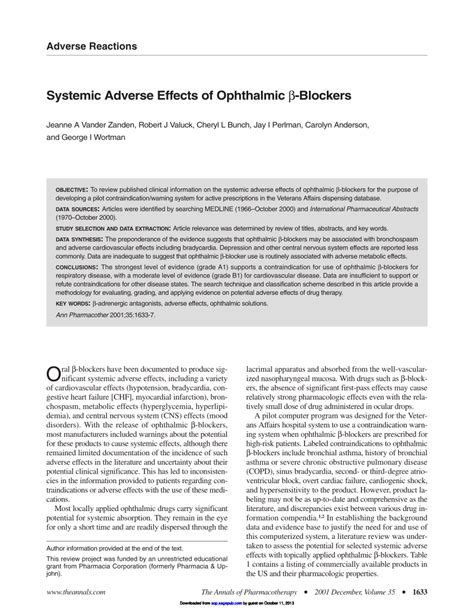 Pdf Systemic Adverse Effects Of Ophthalmic Blockers