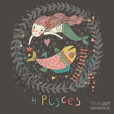 Cute Zodiac Sign Pisces Vector Digital Art By Smilewithjul Fine Art