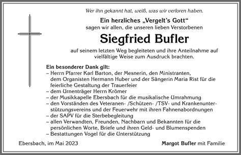 Traueranzeigen Von Siegfried Bufler Allg Uer Zeitung