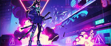 2560x1080 Neon Cyber City Cat Girl 4k Wallpaper,2560x1080 Resolution HD ...