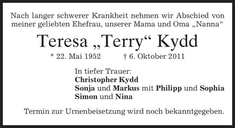 Traueranzeigen Von Teresa Kydd Trauer Merkur De