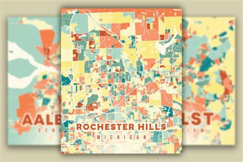 Rochester Hills Michigan Colorful Map Graphic By Poster Boutique