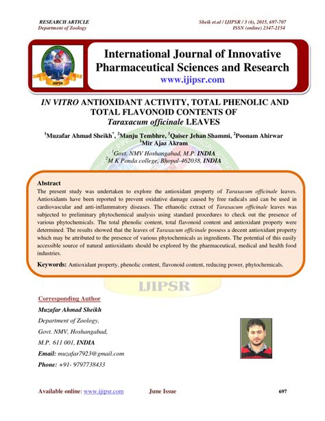 Pdf In Vitro Antioxidant Activity Total Phenolic And Total Flavonoid