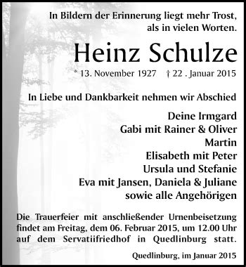 Traueranzeigen Von Heinz Schulze Abschied Nehmen De