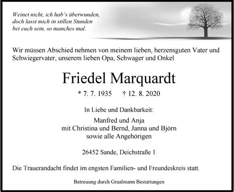 Traueranzeigen Von Friedel Marquardt Nordwest Trauer De