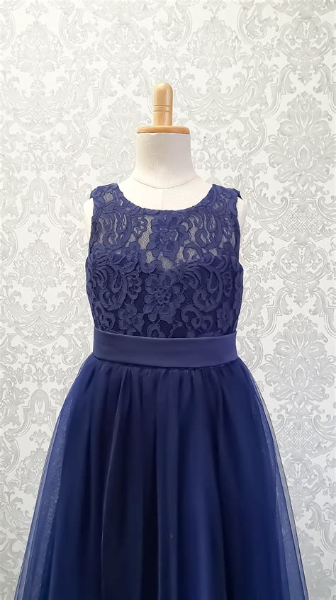 Alineprincess Tullelace Navy Blue Flower Girl Dress Ankle Length