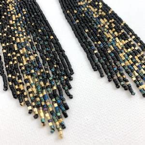 Black And Gold Galaxy Beaded Earrings Statement Boho Earrings Unique