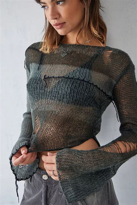 Uo Laddered Patchwork Knit Sheer Mesh Top Urban Outfitters Uk