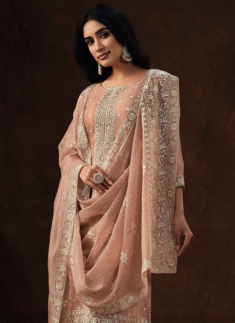 Shop Peach Organza Embroidered Straight Pant Suit Party Wear Online At