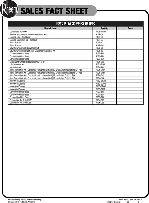 Rheem Classic Series Up To 92 Afue Psc Motor Multi Position Sales Fact