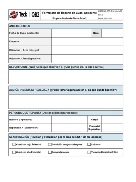 Reporte De Cuasi Accidente En Proyecto Minero Quebrada Blanca Fase 2 Pdf