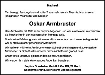 Traueranzeigen von Oskar Armbruster Schwarzwälder Bote Trauer