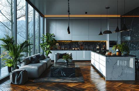 Elegant Interior Design Of A Spacious Living Room With Forest View