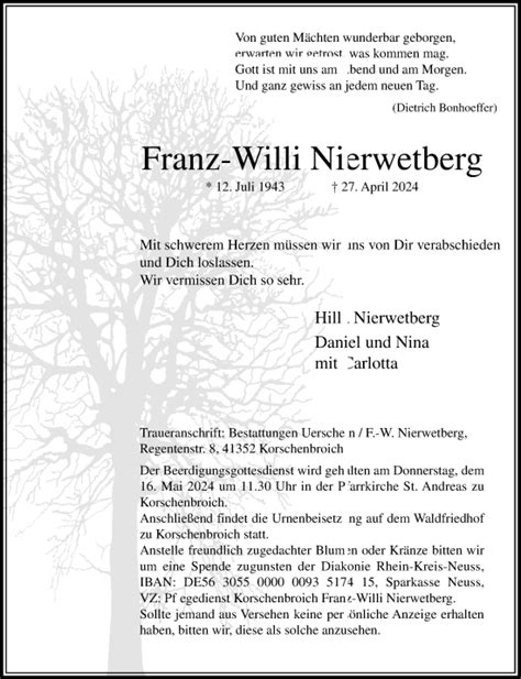 Alle Traueranzeigen für Franz Willi Nierwetberg trauer rp online de