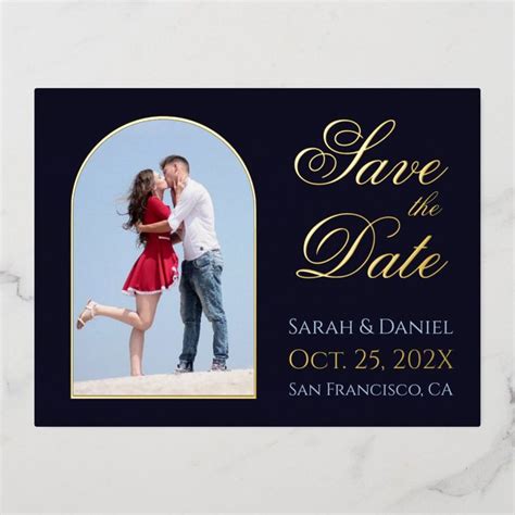 Save The Date Photo Gold Arch Script Navy Blue Foil Invitation Postcard