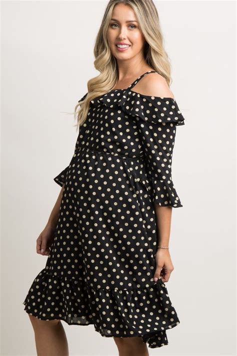 Black Polka Dot Ruffle Trim Chiffon Maternity Dress Chiffon Maternity Dress Stylish Maternity