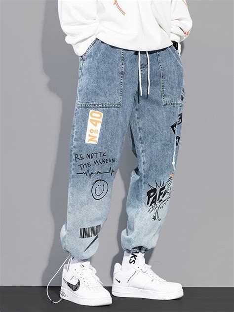 Men S Graffiti Print Straight Jeans Blue Xl In Jeans Online Store