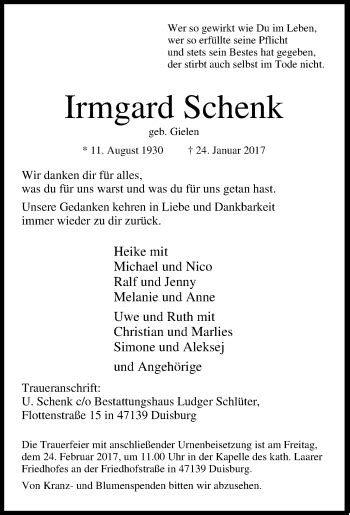 Traueranzeigen Von Irmgard Schenk Trauer In Nrw De