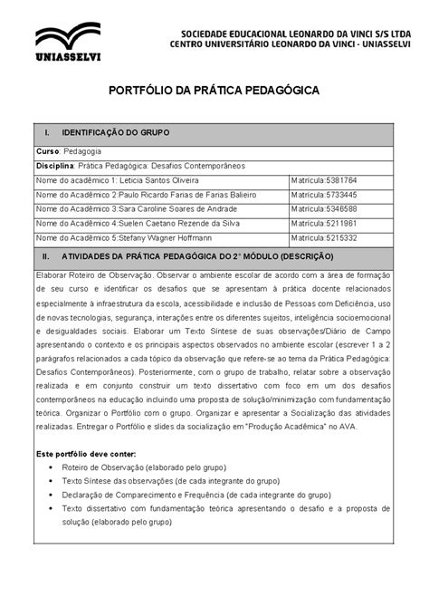 Modelo de Portfólio pratica pedagogica 2 periodo PORTFÓLIO DA