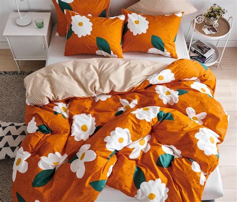 Bright Orange Duvet Cover Set With White Flowers 100 Cotton Etsy