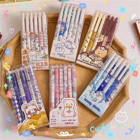 6 Pcs Kawaii Retráctil Caneta Gel Conjunto Canetas Fofas Tinta Preta 0