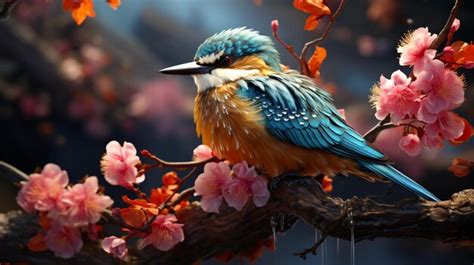 Premium Ai Image Blooming Branch Of Tree And Colorful Birds On It