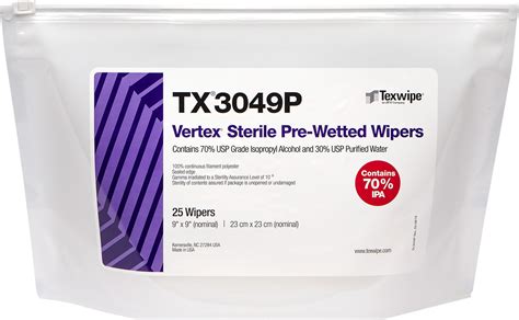 Texwipe TX3049P Vertex Pre Wetted Wipers 70 IPA Sterile 9 X 9